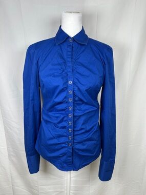 New York & Co Stretch Royal Blue Fitted Ruche Button Up Shirt Size XS Office